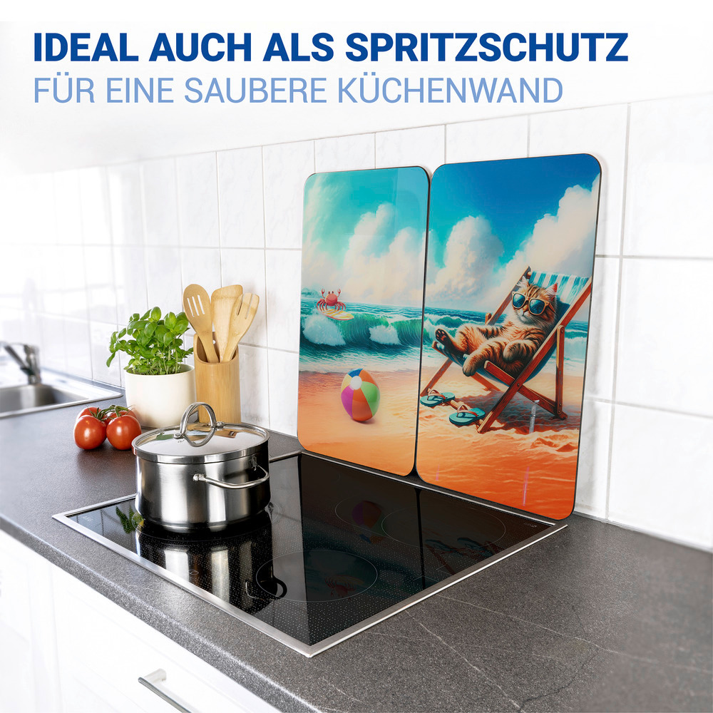 KATZE AM STRAND 2er-Set Herdabdeckplatten aus Glas