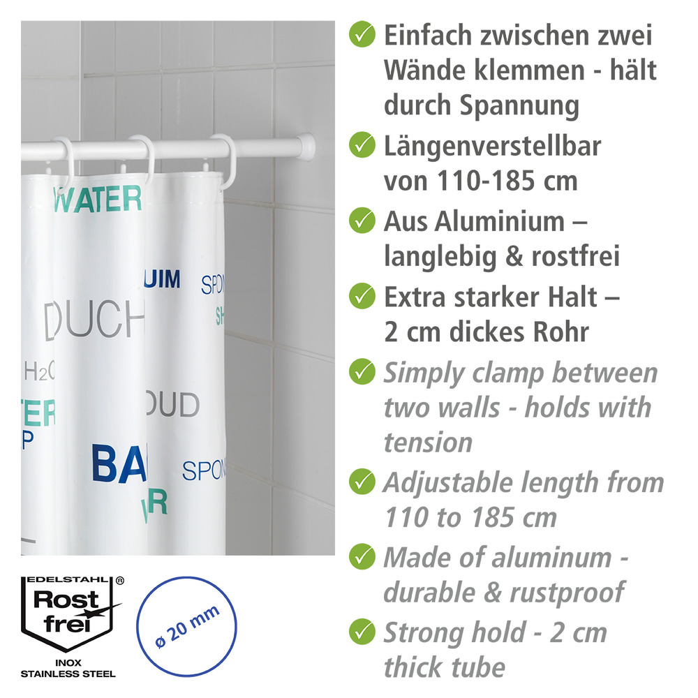 WEISS 110 - 185 cm Duschvorhangstange 