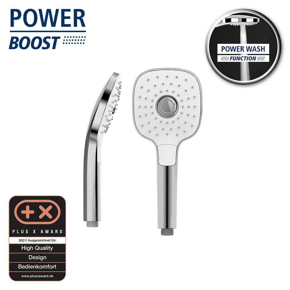 24913100_duschkopf-power-boost-weiss2 POWERBOOST eckig Duschkopf 3 Strahlarten Ø12 cm