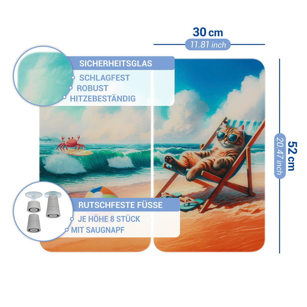KATZE AM STRAND 2er-Set Herdabdeckplatten aus Glas