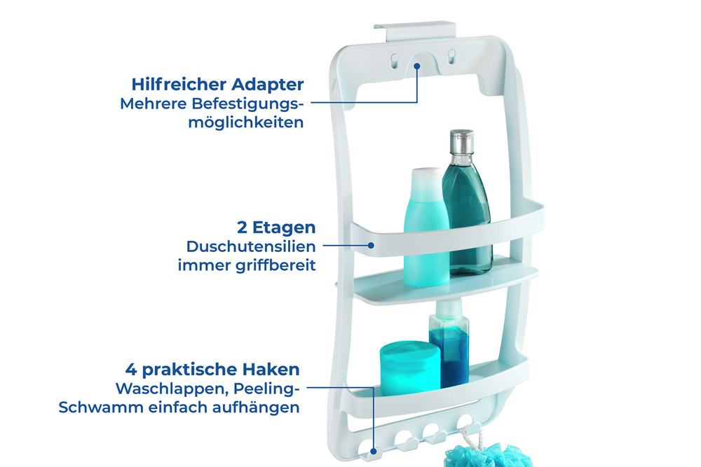 UNIVERSAL weiss Duschregal, 2 Körben, 4 Haken