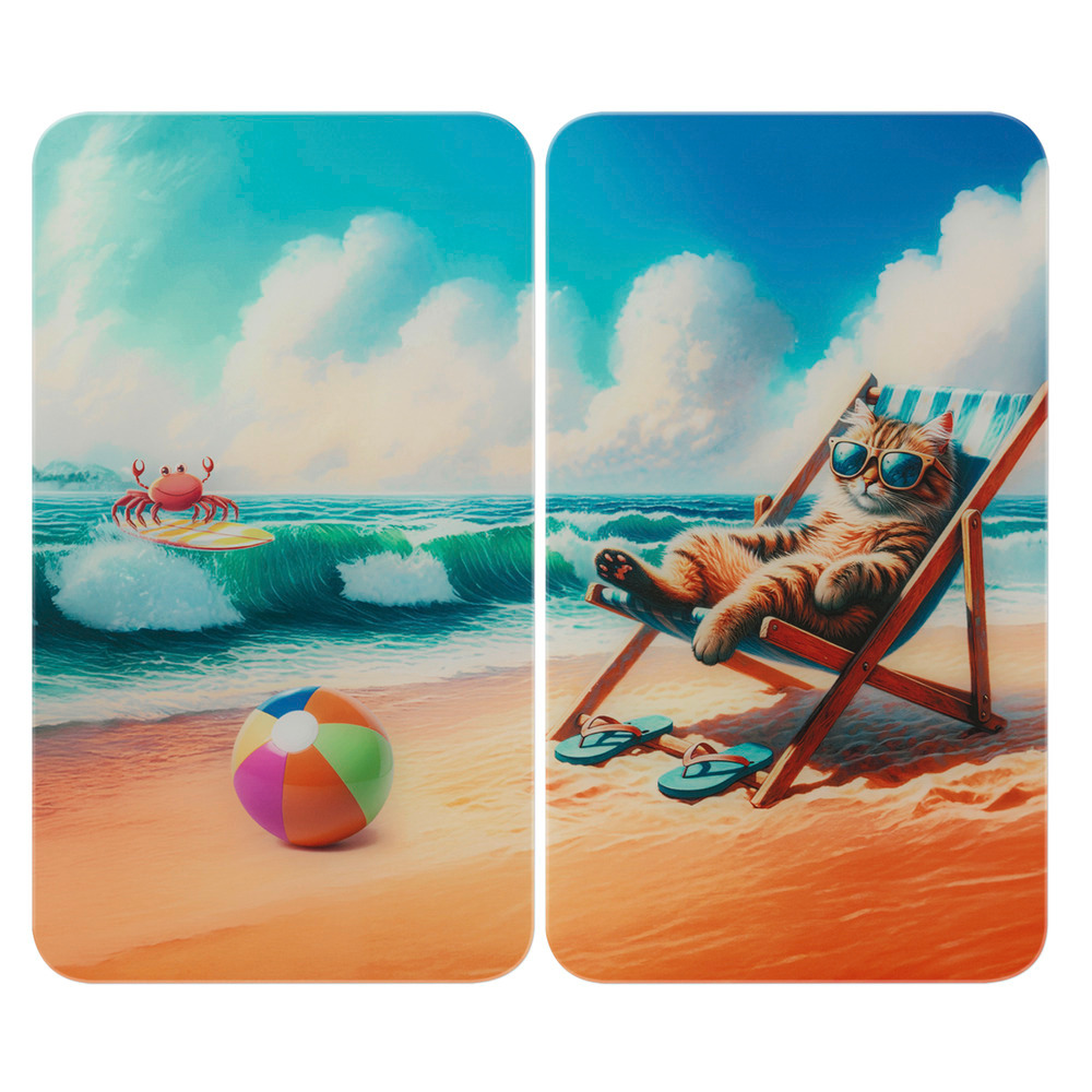 Herdabdeckplatte Universal Mod. Katze am Strand, 2er Set