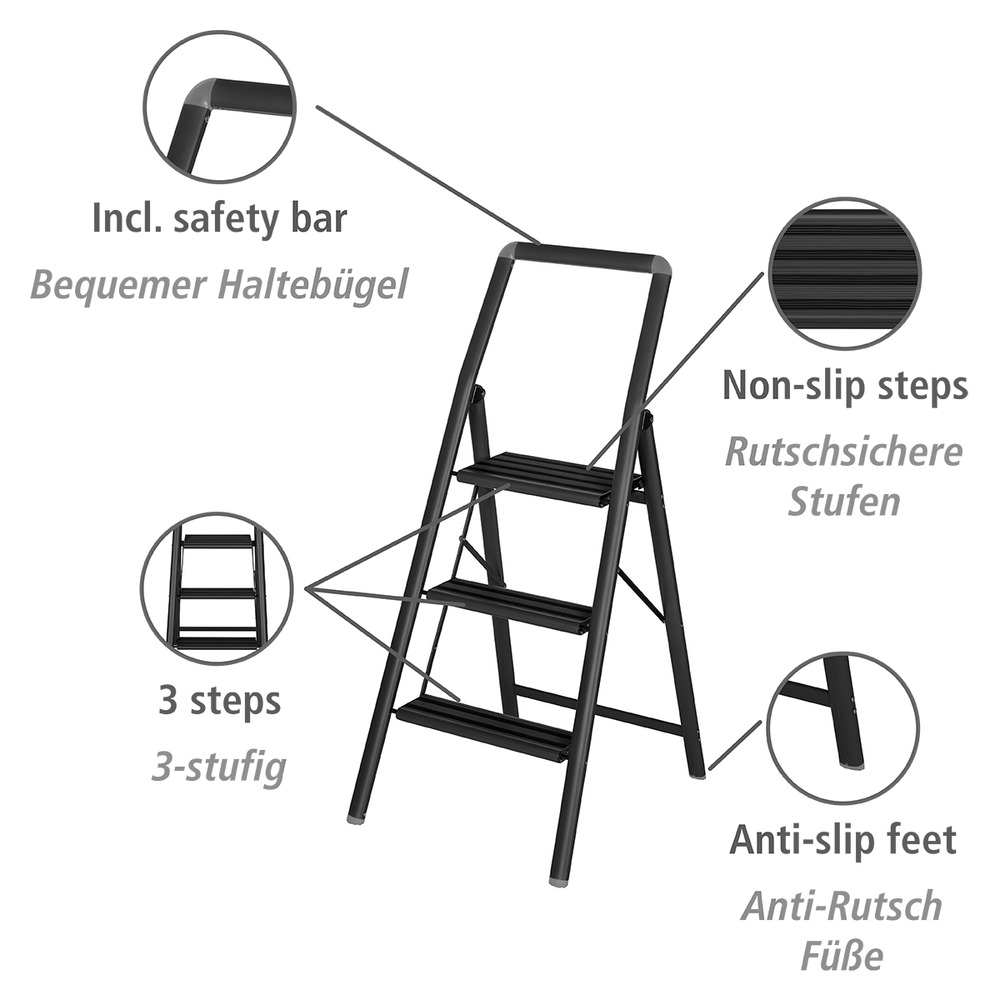 COMPACT schwarz Alu-Klapptrittleiter, 3-stufig