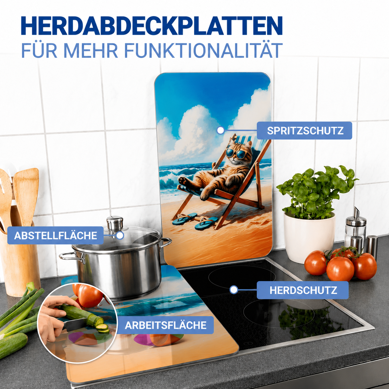 KATZE AM STRAND 2er-Set Herdabdeckplatten aus Glas