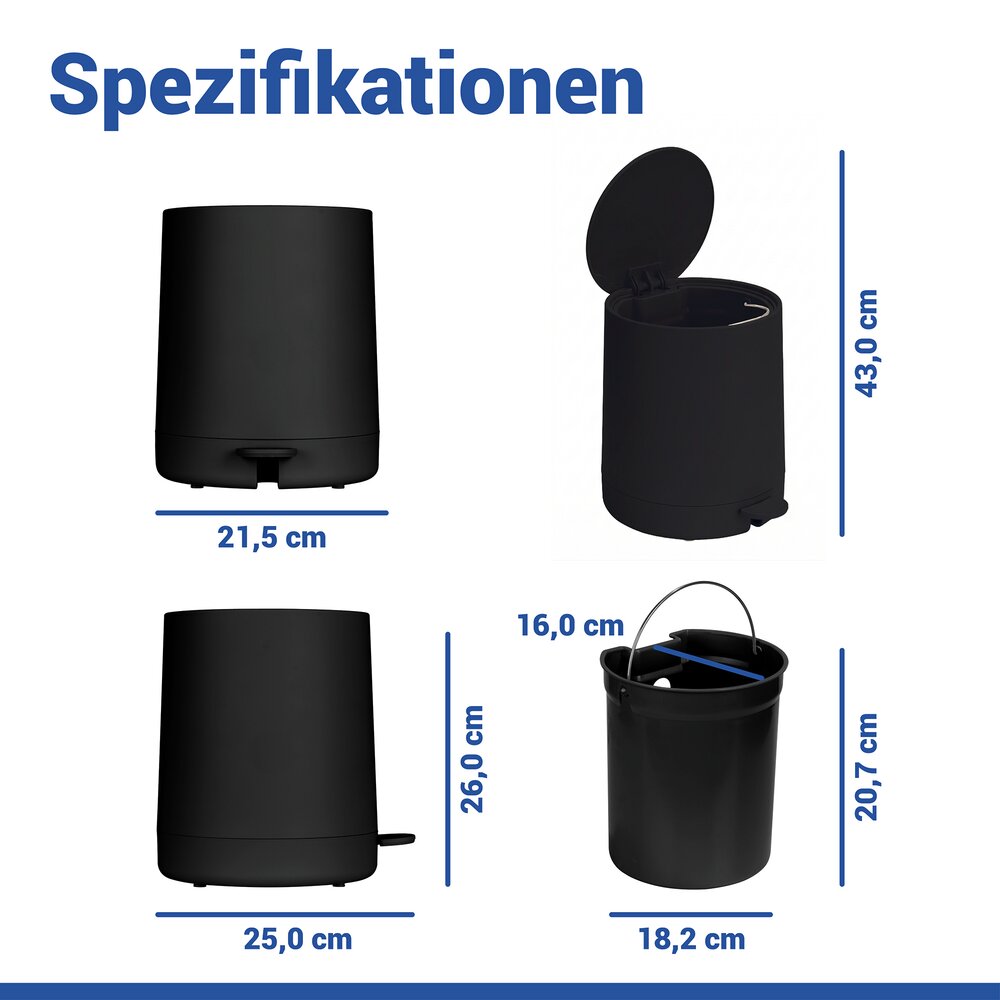 FABLO schwarz Treteimer mit Absenkautomatik, 5 Liter