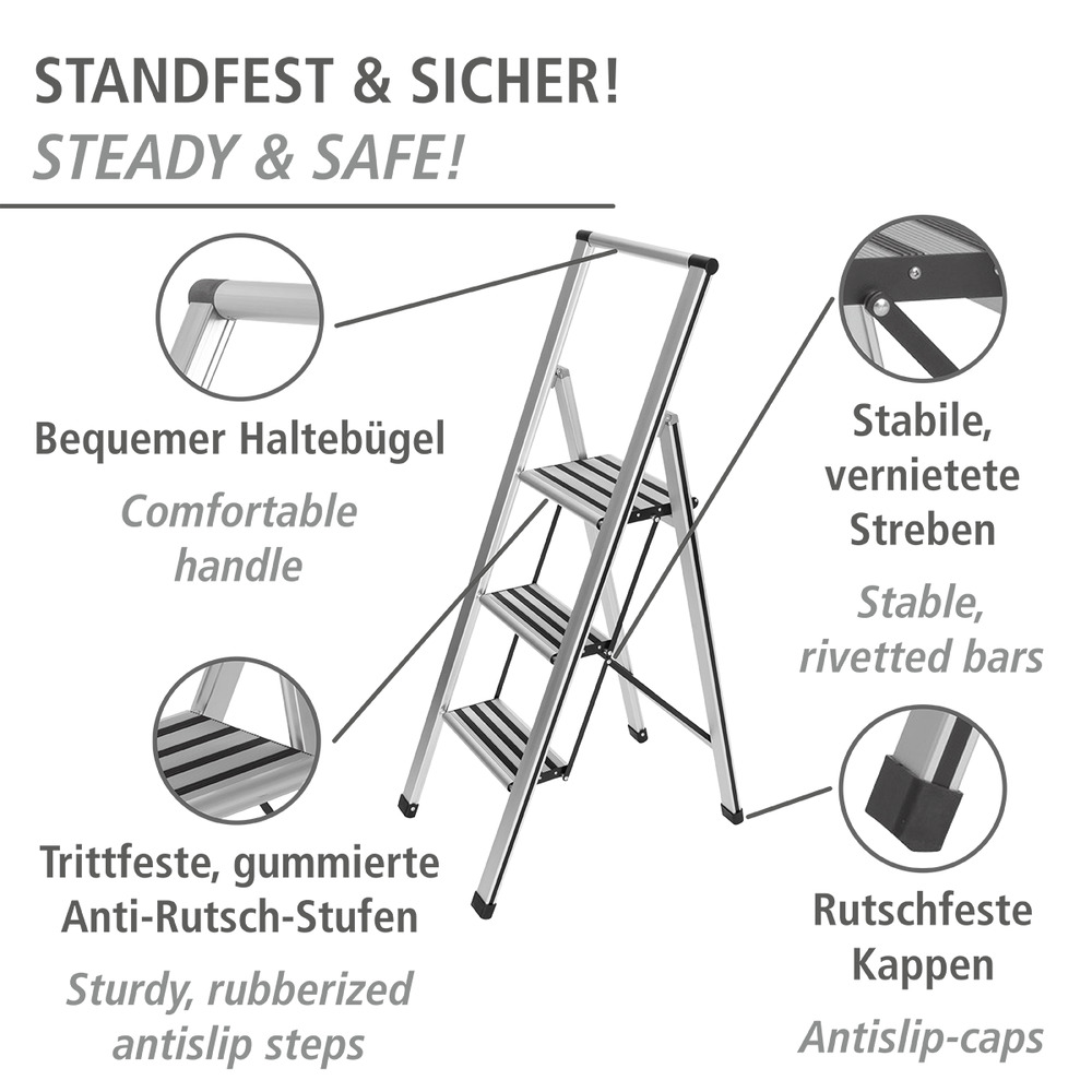 Klapptrittleiter silber aus Aluminium, 3-stufig