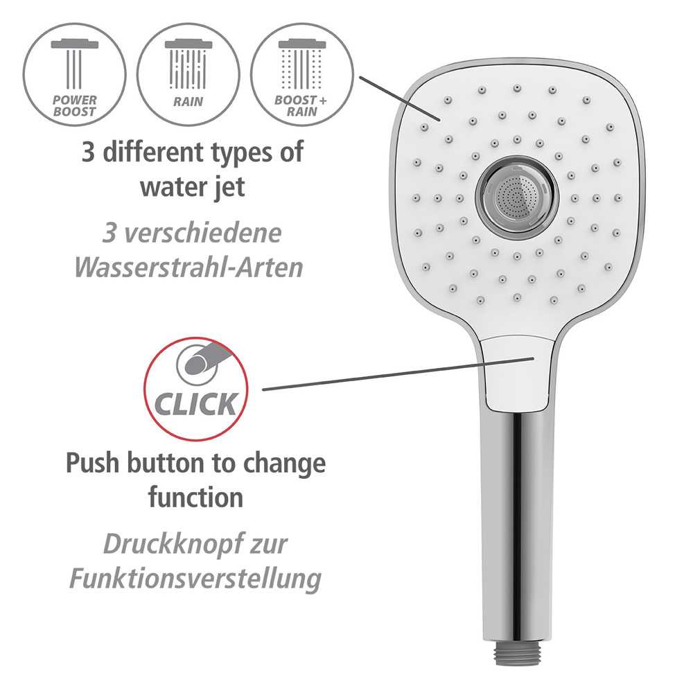 24913100_duschkopf-power-boost-weiss4 POWERBOOST eckig Duschkopf 3 Strahlarten Ø12 cm