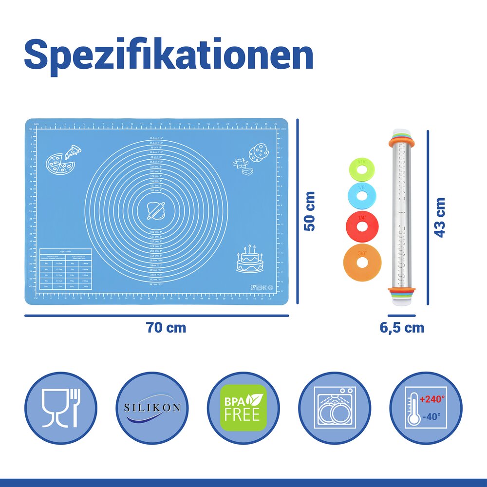 Antihaft-Backmatte mit Edelstahl-Teigrolle