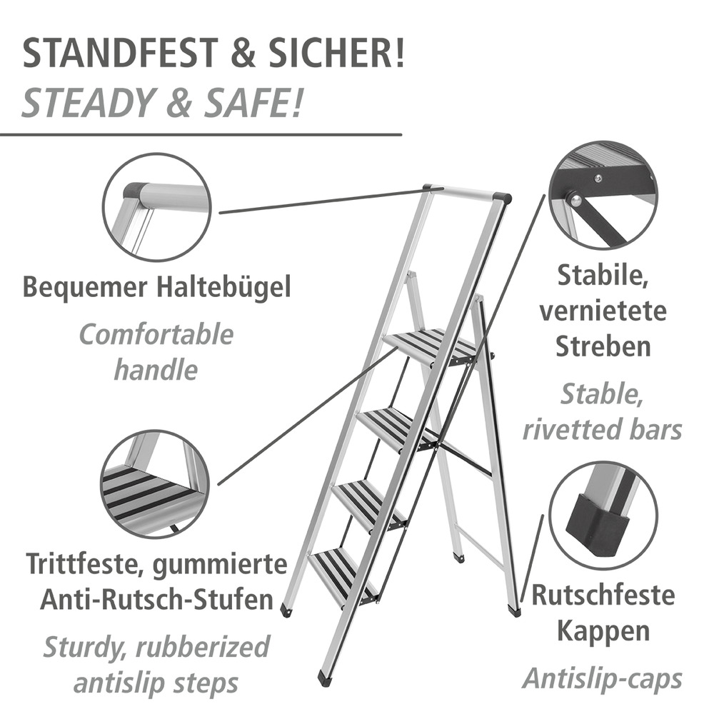 Klapptrittleiter silber aus Aluminium, 4-stufig