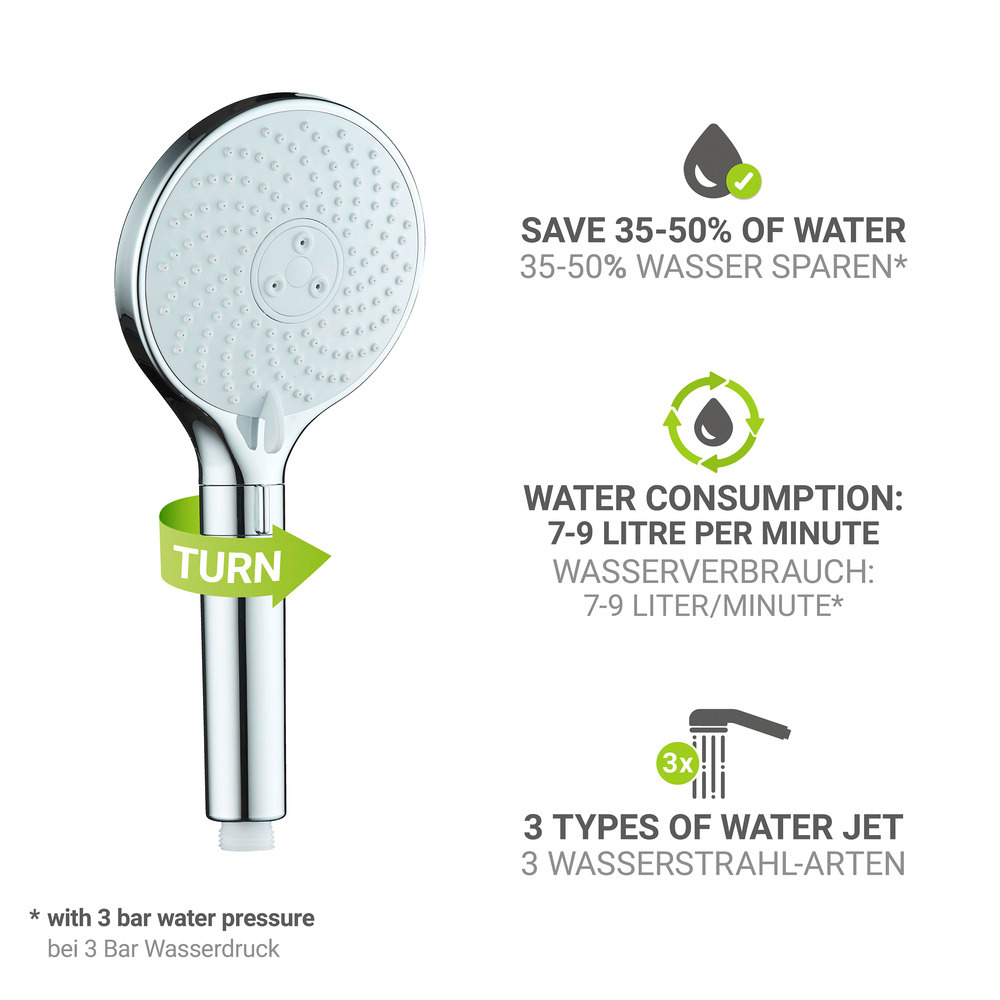 WATERSAVING Sparbrause 3 Strahlarten 9 l/min Ø12cm