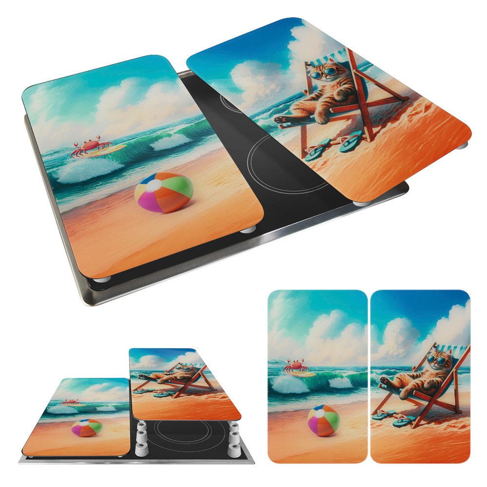 KATZE AM STRAND 2er-Set Herdabdeckplatten aus Glas