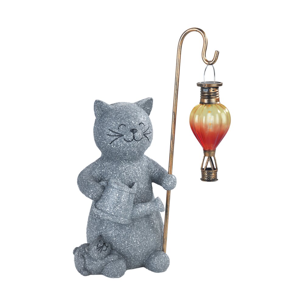 Gartenfigur Katze mit LED-Heißluftballon