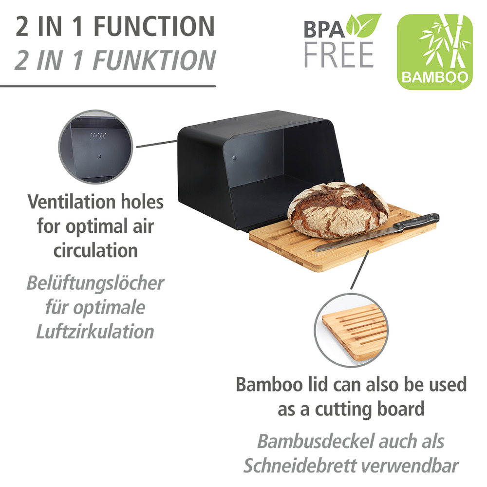 KUBO schwarz Brotkasten mit Bambusbrett