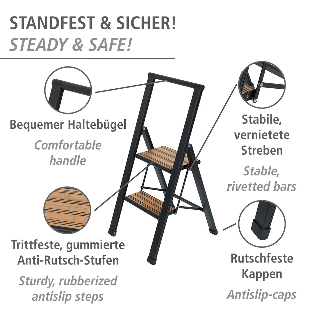 Klapptrittleiter schwarz aus Aluminium, 2-stufig